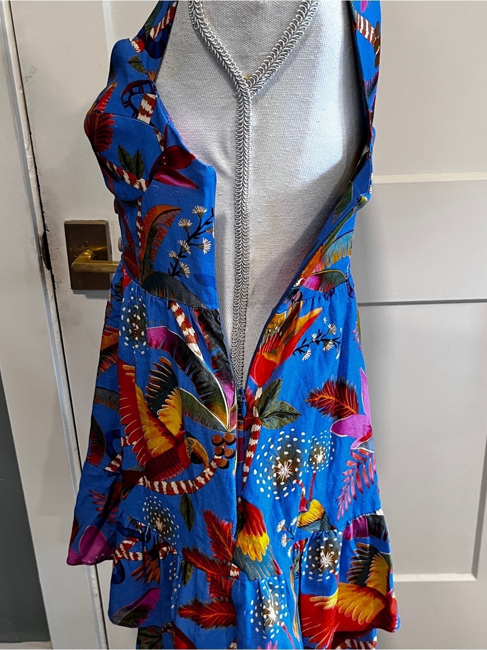 Farm Rio Macaw Blue Tiered Linen Blend Mini Dress XS - Picture 4 of 14